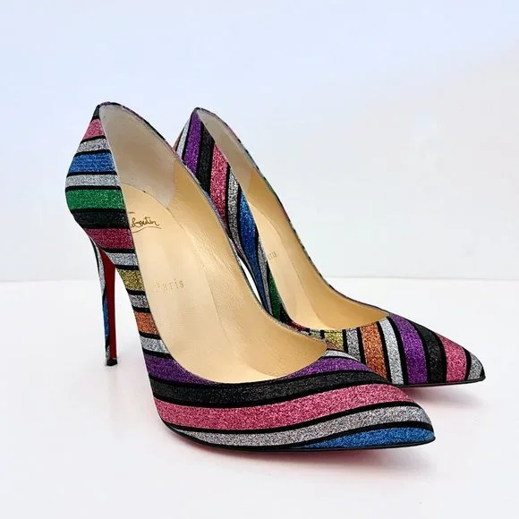 Christian Louboutin Pigalle Follies 100 Striped Glitter Pumps Rainbow Multicolor - Picture 14 of 14